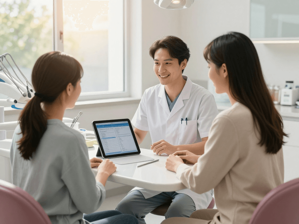 Gesundheitswesen Arzt in einer Zahnarztpraxis, Patientengespräch am Beratungstisch mit digitaler Akte.