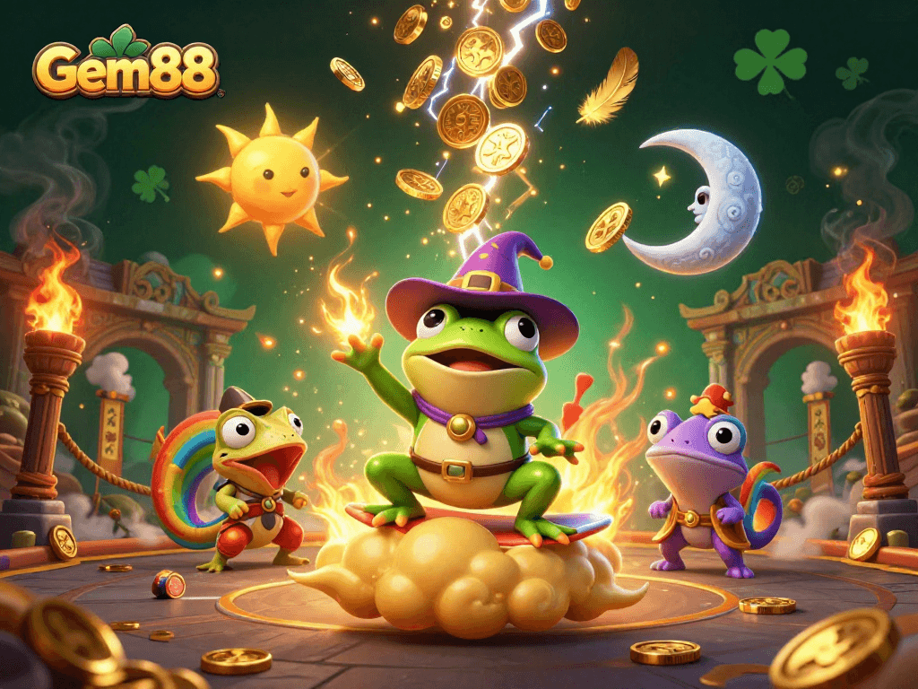 Experience Gem88's vibrant gaming world with golden coins and dynamic casino elements.