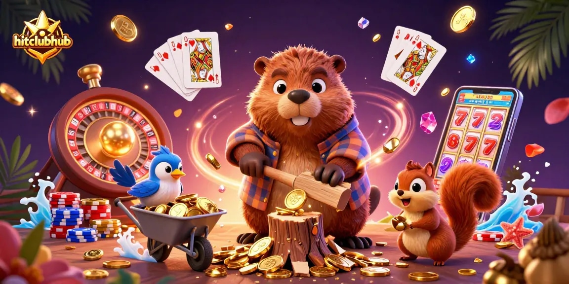 Win big with hitclubhub as a lumberjack beaver collects golden coins in a vibrant casino scene.