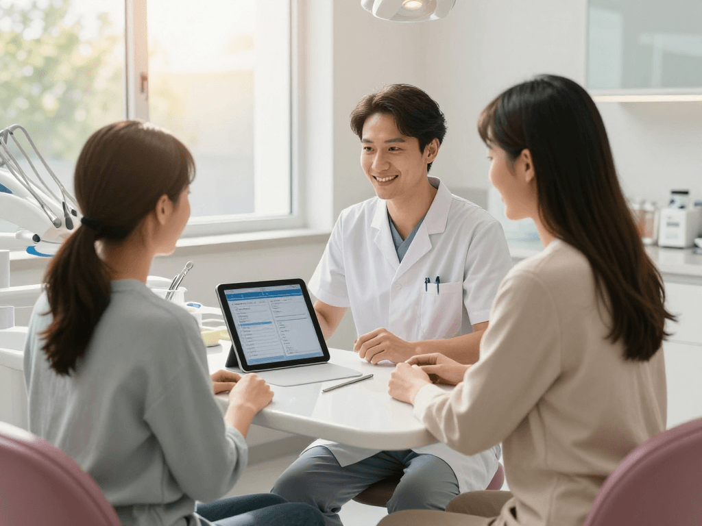 Gesundheitswesen Arzt in einer Zahnarztpraxis, Patientengespräch am Beratungstisch mit digitaler Akte.
