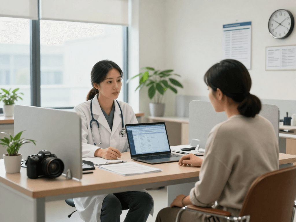 Healthcare office scene illustrating Datenschutz und Barrierefreiheit in Gesundheitswesen Arzt communication with doctor and patient.