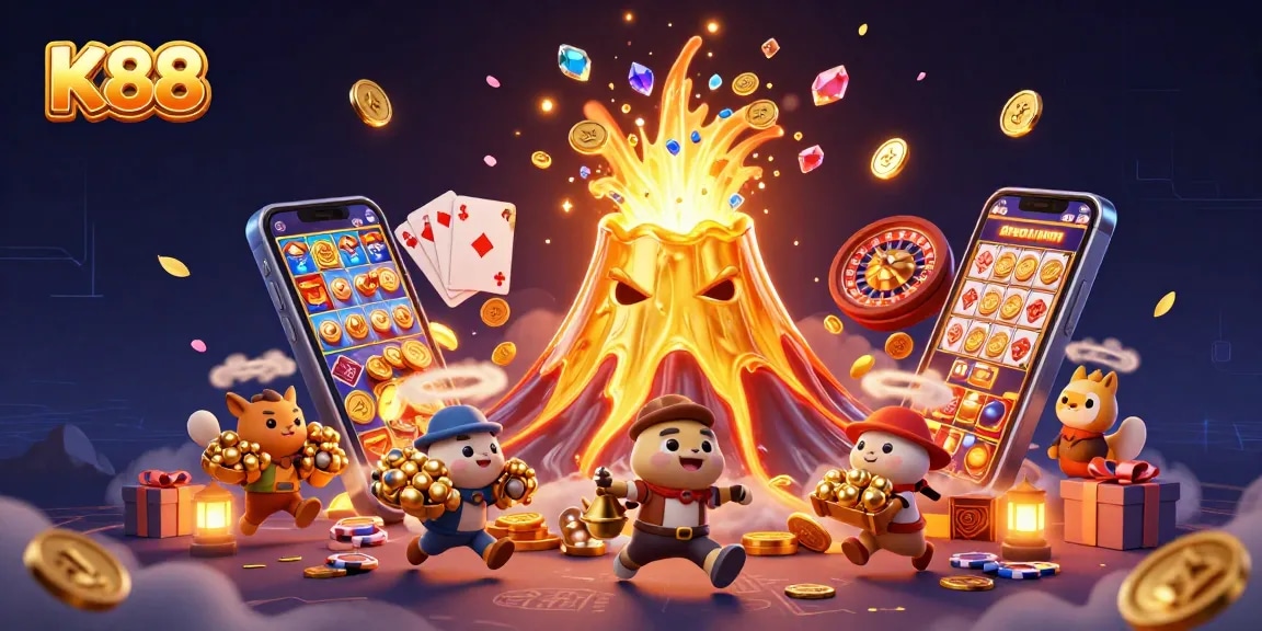 K88 promotes excitement with a volcanic eruption of coins and gems in a vibrant casino scene.