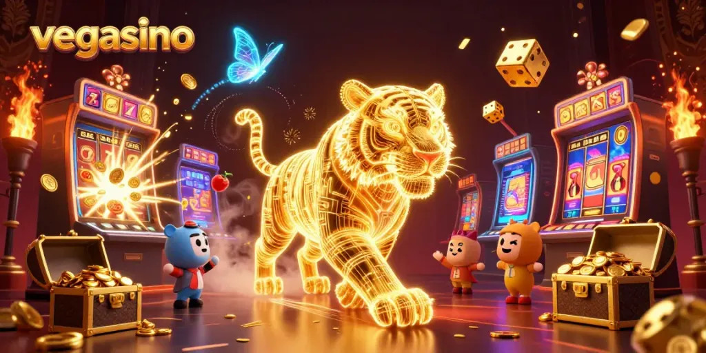 Experience the excitement of vegasino with a golden tiger in a vibrant casino scene.