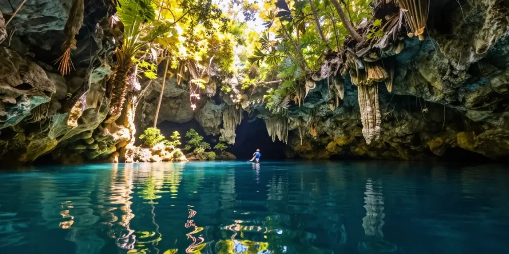 Wie entstehen Cenoten: Taucher in einem klaren Cenote, umgeben von üppiger Vegetation und Kalksteinformationen.