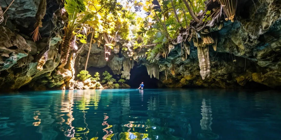 Wie entstehen Cenoten: Taucher in einem klaren Cenote, umgeben von üppiger Vegetation und Kalksteinformationen.