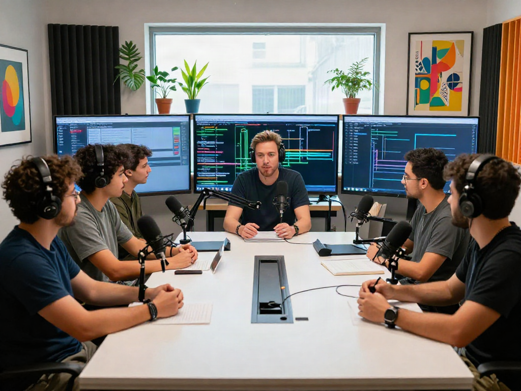 Vibrant podcast studio scene featuring Brit Morin discussing creativity, rokok88 login displayed on screens, engaging visuals and inspiring decor.