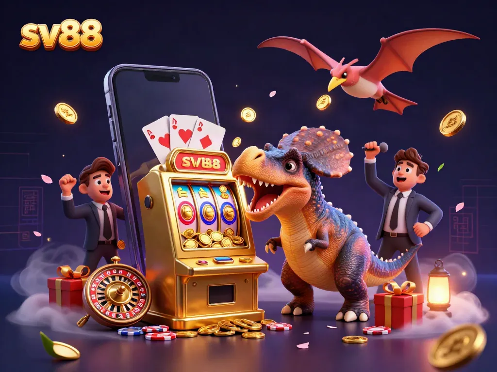 sv88 animated casino scene with a pachycephalosaurus winning a jackpot and coins flying everywhere