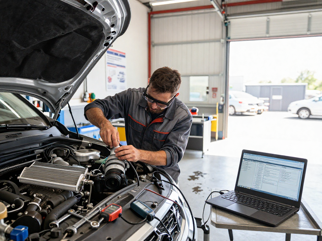 Mechaniker bei der DPF-Reinigung Laatzen in einer Werkstatt, umgeben von Werkzeugen und Fahrzeugen.