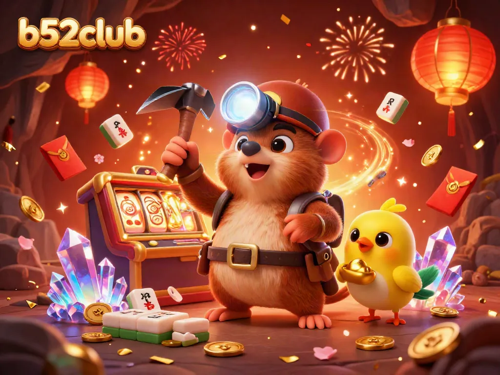 b52club showcases a vibrant casino illustration with a treasure hunter mole, slot reels, and glowing gems, ideal for attracting gamblers.