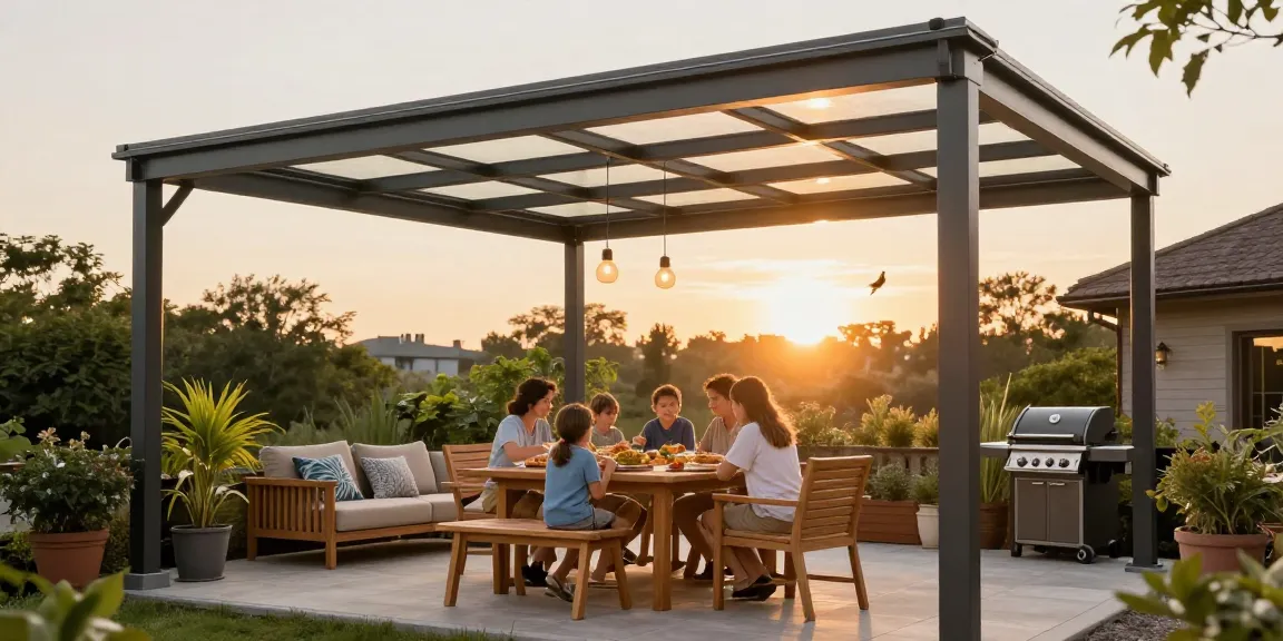 Moderne Terrassenüberdachung auf einladender Terrasse mit Familie beim Essen