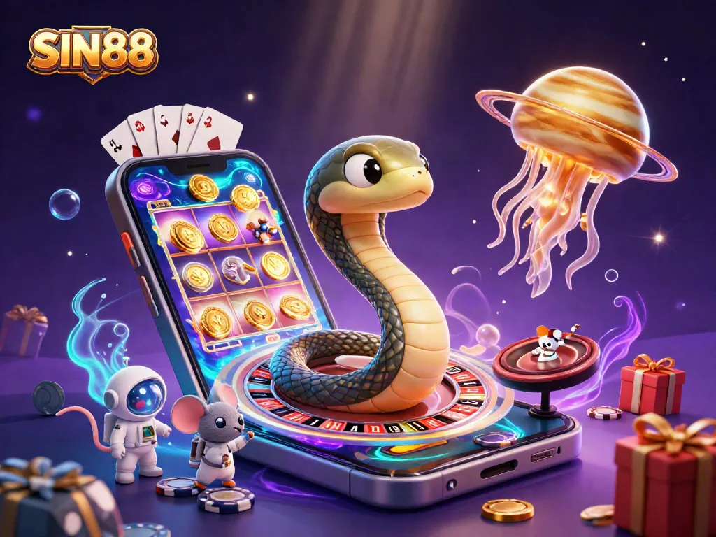 SIN88 players engaging in cosmic roulette and slot gaming surrounded by vibrant, immersive elements.