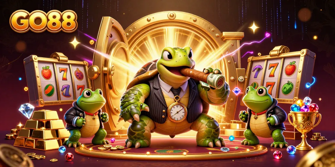 Spin and win big at GO88 with a dynamic 3D scene featuring casino games and vibrant characters.