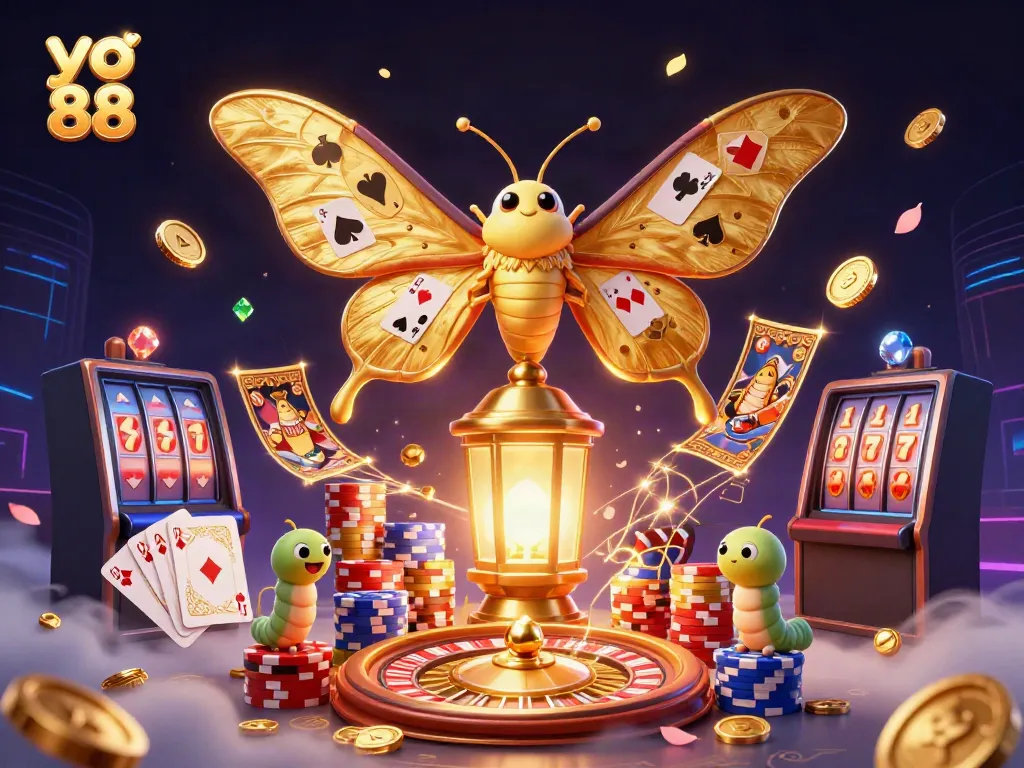 Experience the vibrant world of yo 88 with a dazzling illustration of casino elements featuring golden coins, cards, and a majestic moth.