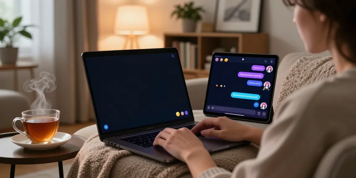 Engaging porn chat experience on a laptop in a cozy living room setting.