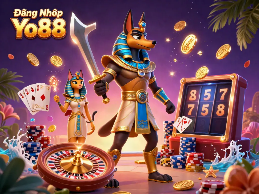 Experience Đăng Nhập Yo88 with an engaging scene of Anubis and Bastet surrounded by flying coins and dynamic gambling elements.