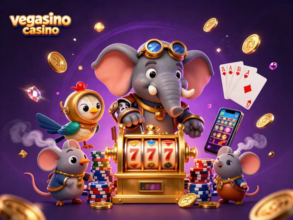 Experience the excitement of vegasino casino with dynamic 3D elements, slot machines, and vibrant characters.