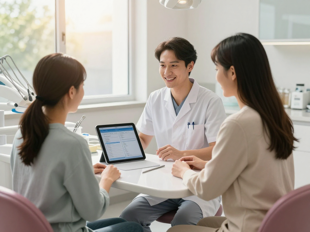 Gesundheitswesen Arzt in einer Zahnarztpraxis, Patientengespräch am Beratungstisch mit digitaler Akte.