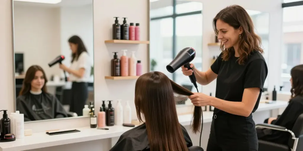 Professionelle Anwendung eines Ion Föhns in modernem Friseursalon.