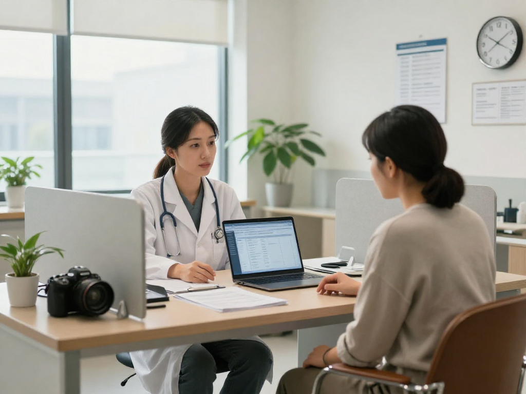 Healthcare office scene illustrating Datenschutz und Barrierefreiheit in Gesundheitswesen Arzt communication with doctor and patient.
