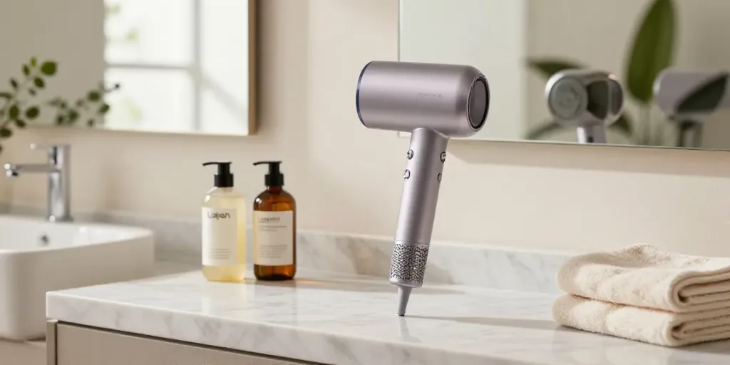 Haartrockner Laifen Air Pro im stilvollen Badezimmer mit Pflegeprodukten.