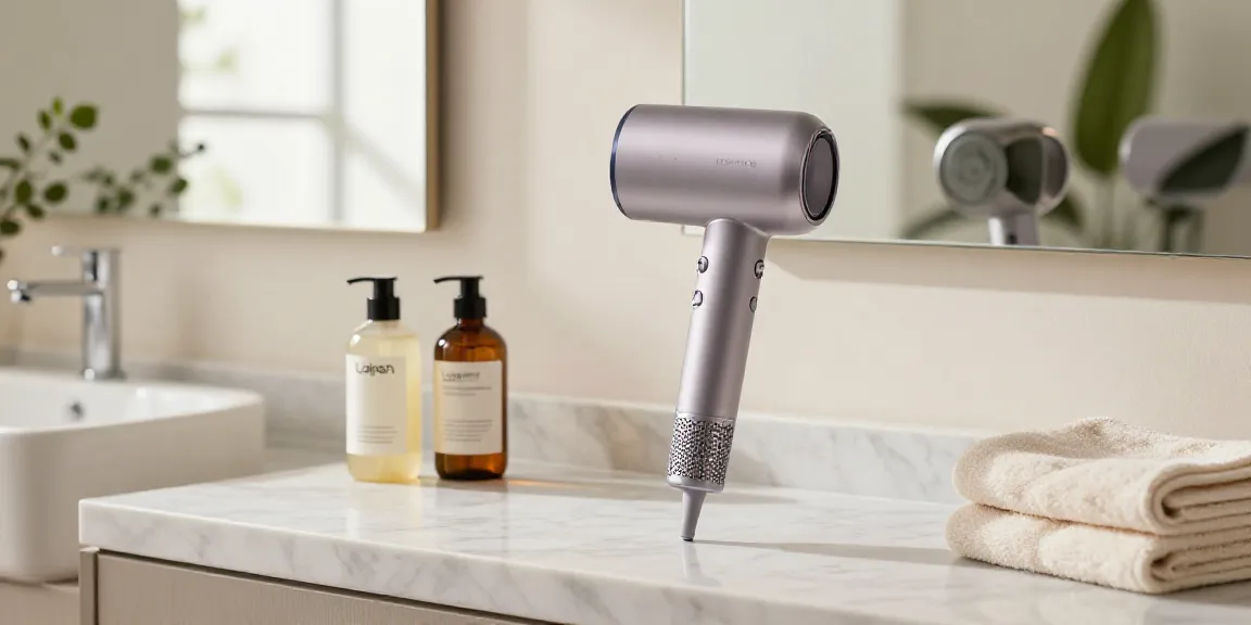 Haartrockner Laifen Air Pro im stilvollen Badezimmer mit Pflegeprodukten.