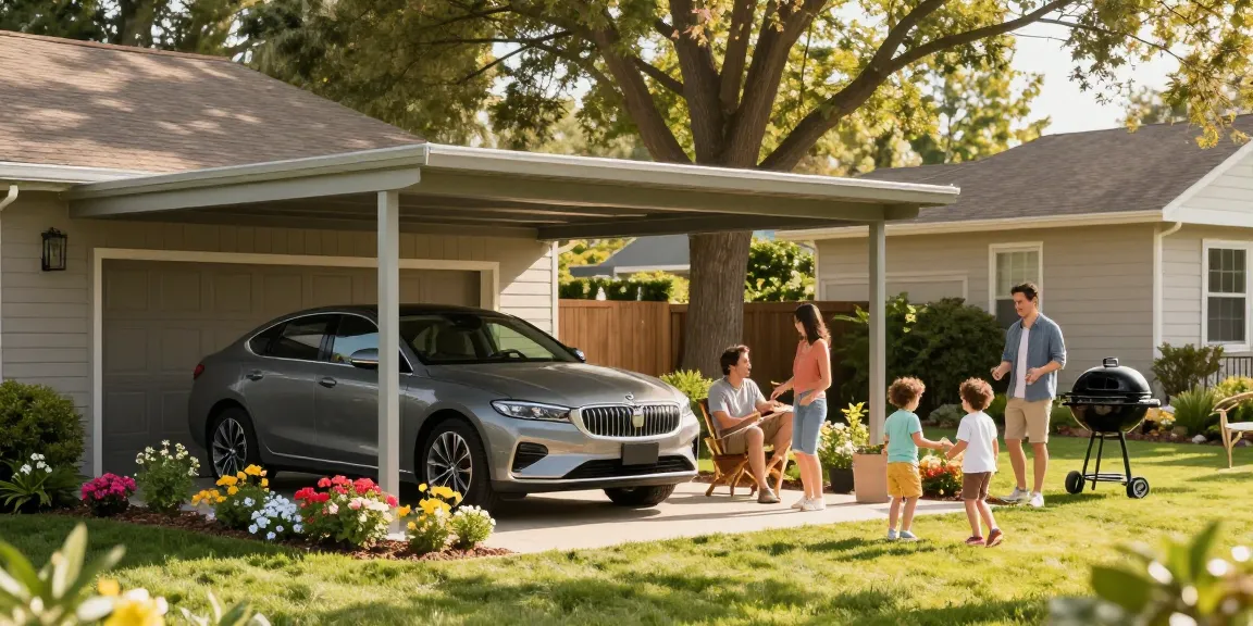 Moderne Carport-Lösung für Autos mit glücklicher Familie im Garten.
