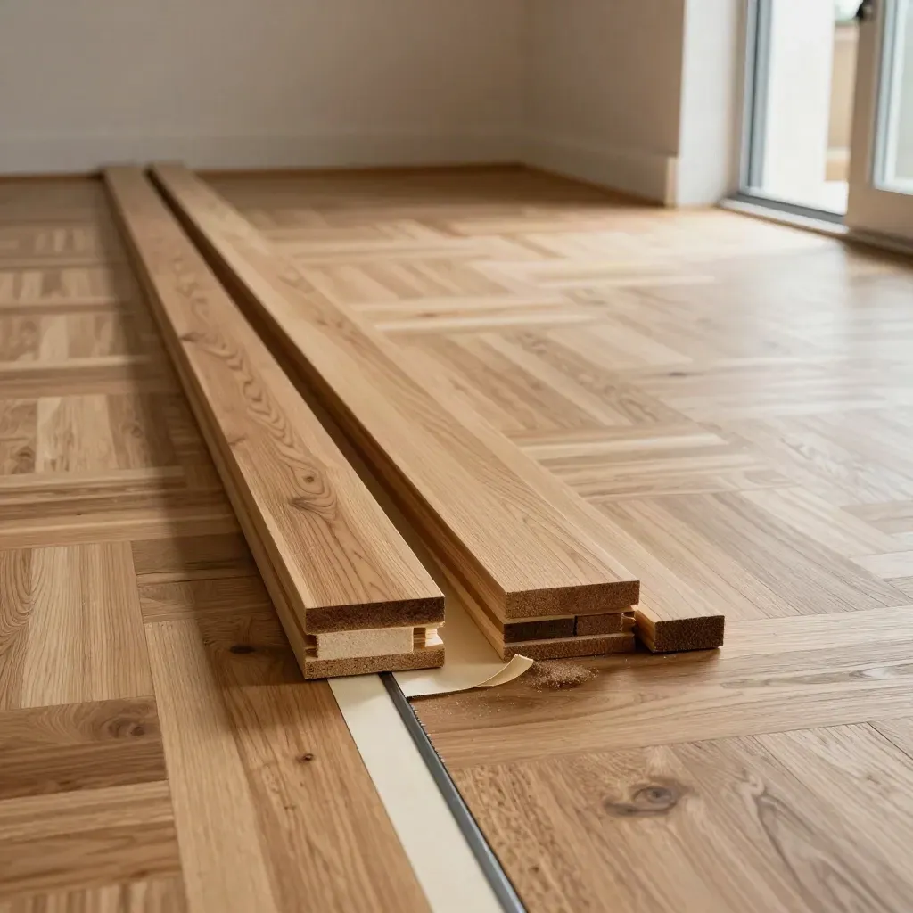 Parkettverlegung mit Eichenstäben, Reststücken und offener Türschwelle im Wohnraum.