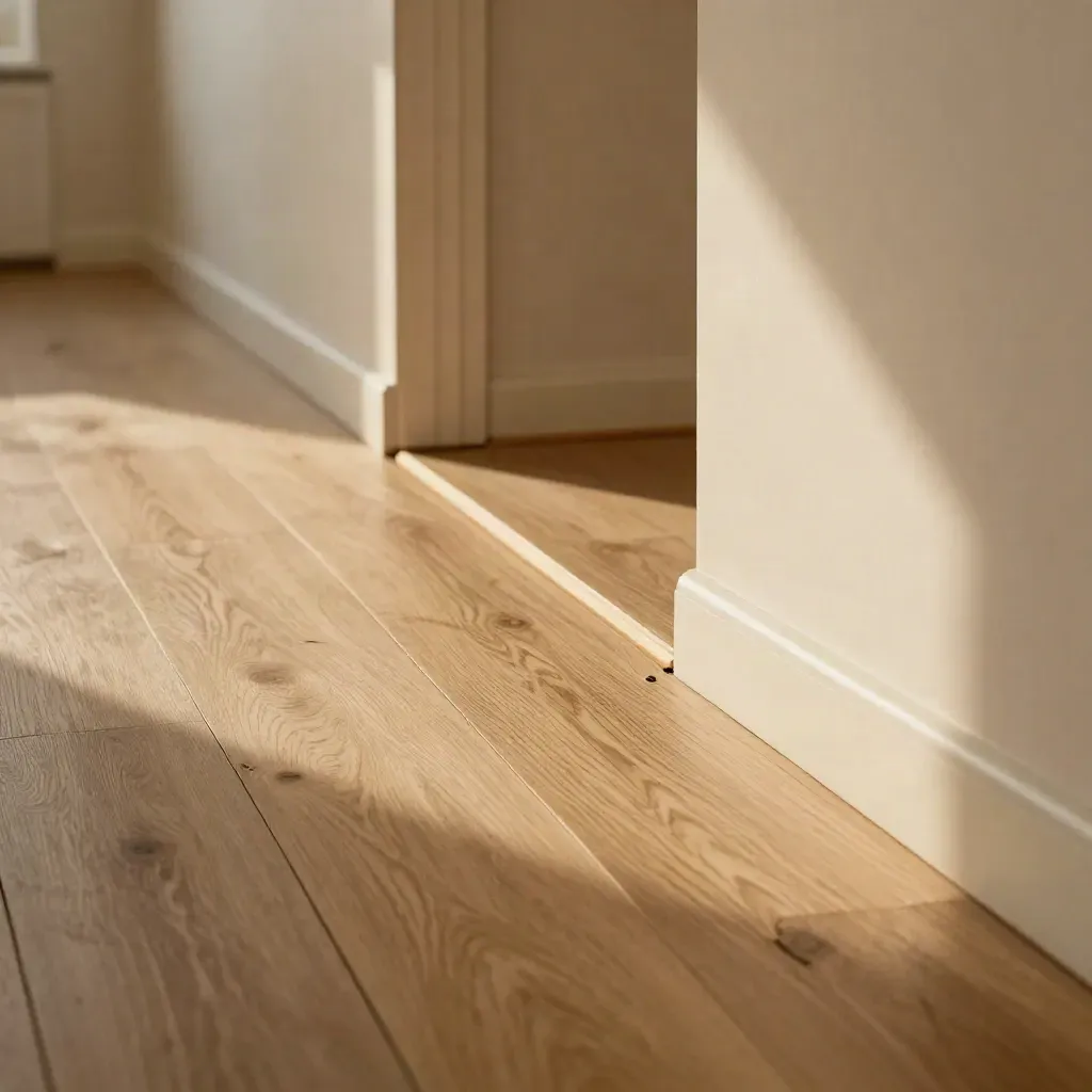 Frisch verlegter Laminatflur in heller Holzoptik mit cremefarbener Sockelleiste und warmem Licht.