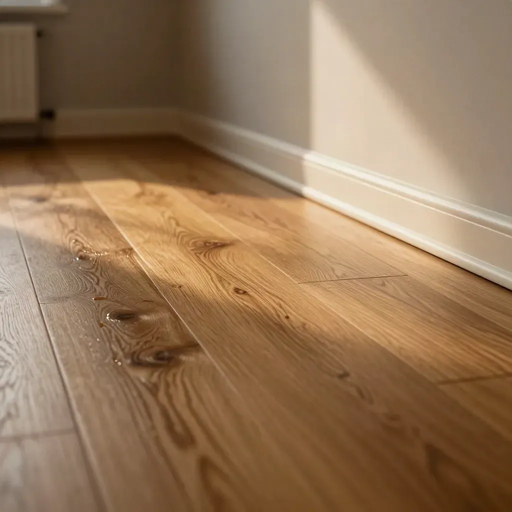 Nahaufnahme frisch geölter Eichenboden mit sauberer Leiste im warmen Altbau