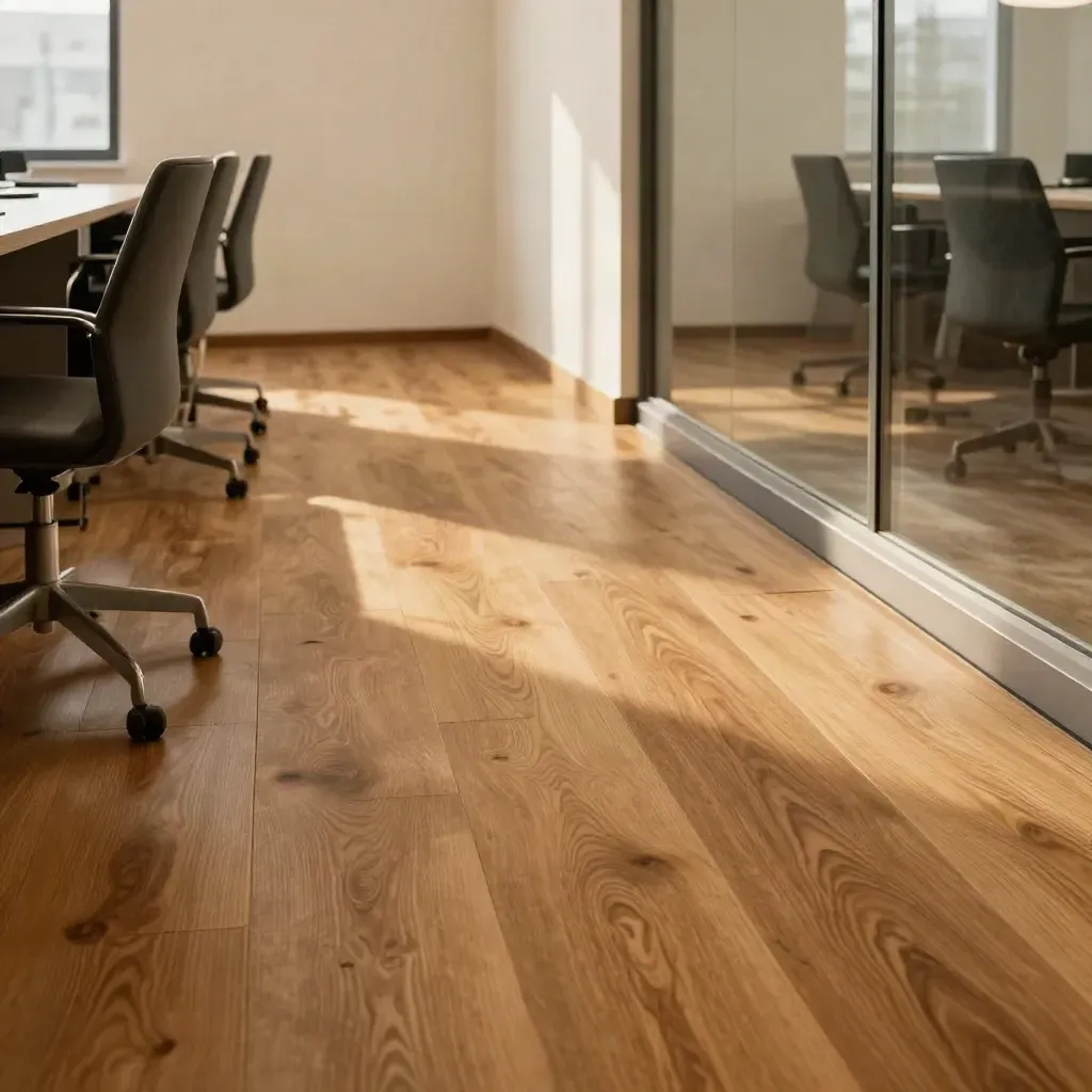 Modernes Büro mit neuem Laminatboden, anthrazitfarbenen Stühlen und ruhiger Diagonale
