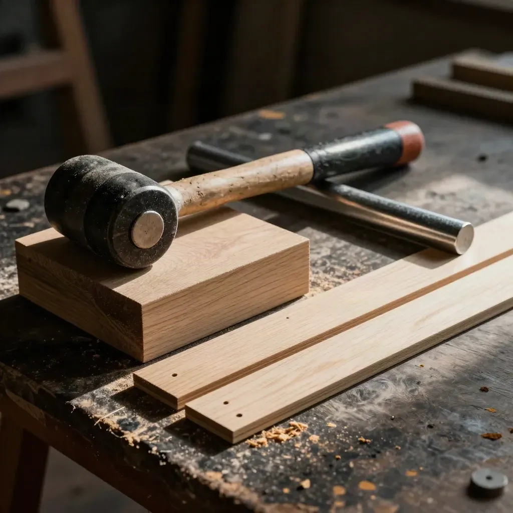 Dramatisches Stillleben mit Parkettklopfblock, Gummihammer, Zugeisen und Holzkeilen auf dunkler Werkbank.