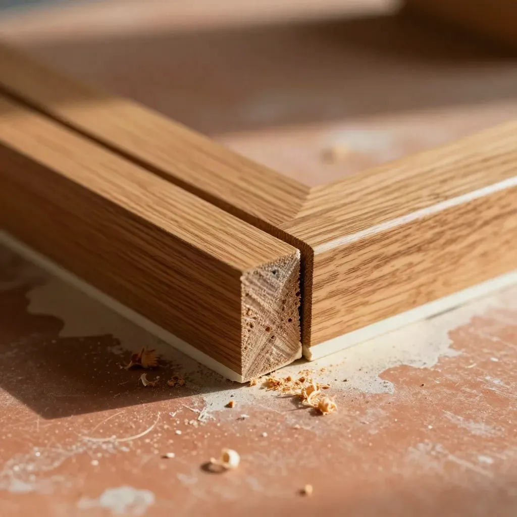 Zwei Gehrungssockelleisten aus Eiche mit sauberer Fuge und Holzstaub auf einer Werkbank.
