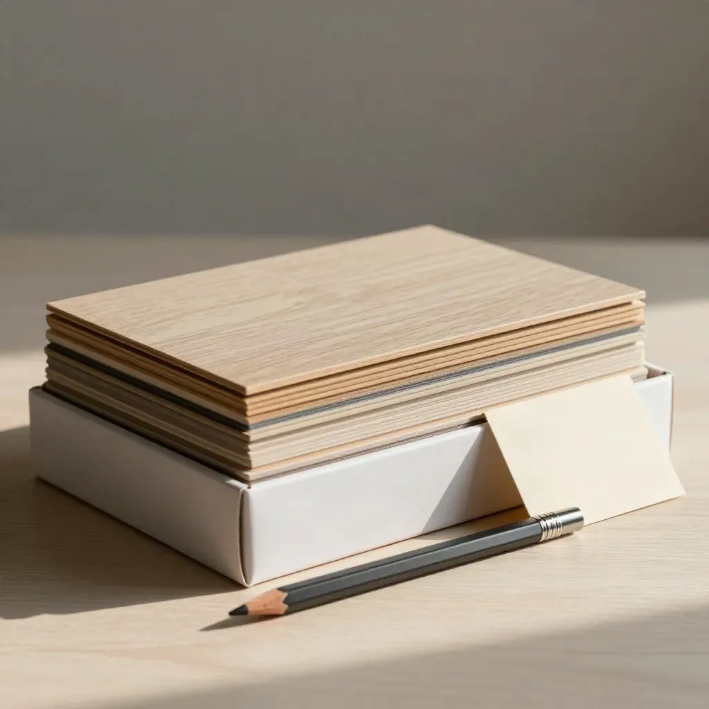 Geschlossene Musterbox mit Bodenproben, Bleistift und Materialkarte auf hellem Holz.