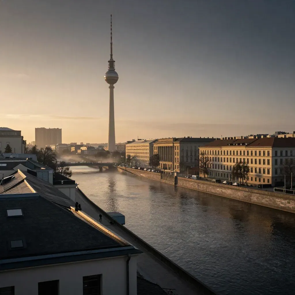 Berlin mit Fernsehturm, Altbaufassaden und ruhigem Spreeufer im warmen Abenddunst