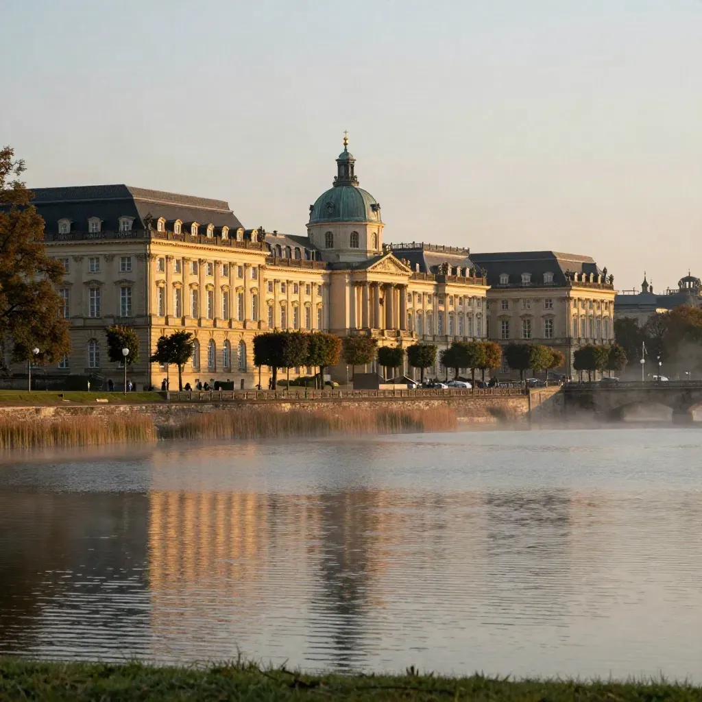 Potsdams klassizistische Silhouette über ruhigem Wasser im goldenen Abendlicht