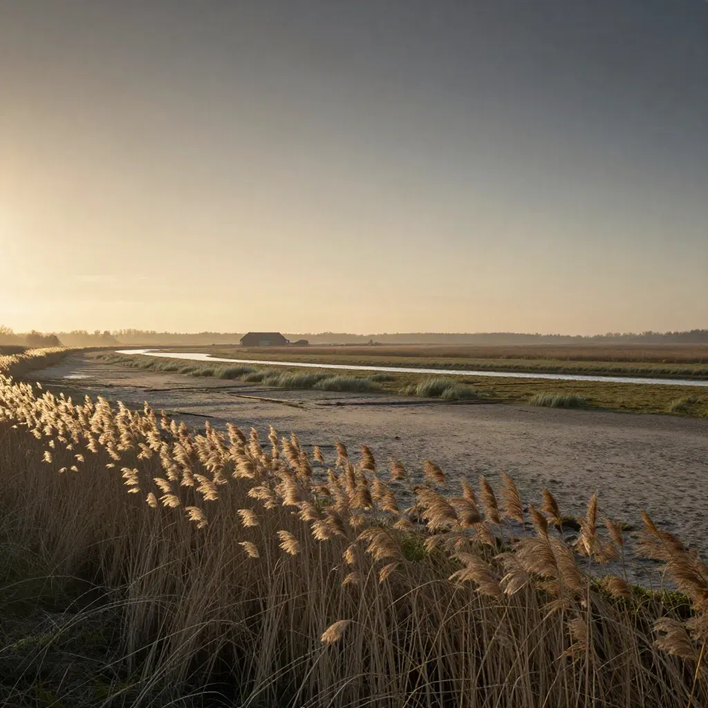 Dunstige Havelland-Landschaft mit Schilf, weiter Aue und flacher Scheunenlinie bei Abendlicht.