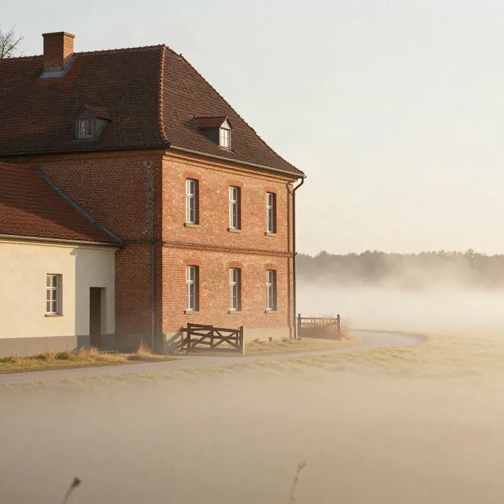 Alter Backstein-Gutshof in Potsdam-Mittelmark mit Feldern und weitem Himmel im warmen Licht