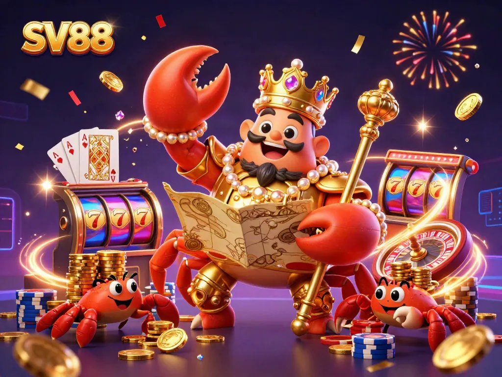 Engage with SV88's thrilling slot games featuring a golden crab emperor and treasure map.