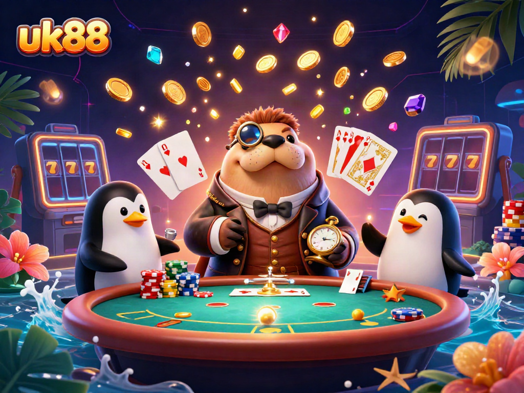 Experience thrilling gameplay with uk88 as the jolly walrus plays poker underwater with his friends.