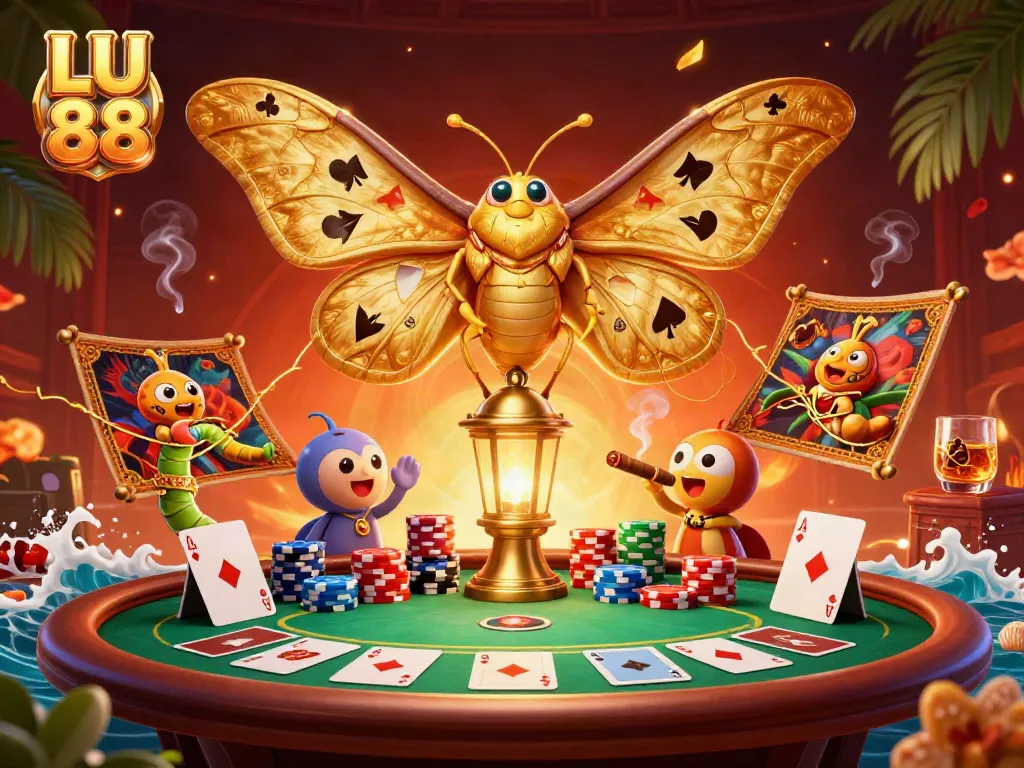 Engaging LU 88 casino illustration showcasing vibrant gameplay with colorful poker elements and enchanting characters.