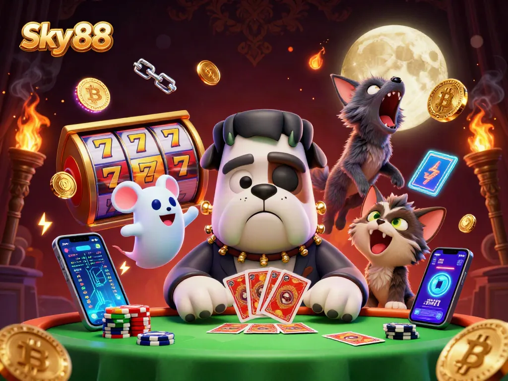 Engage in thrilling gameplay with Sky 88's vibrant 3D casino scene featuring a Frankenstein bulldog and friends.
