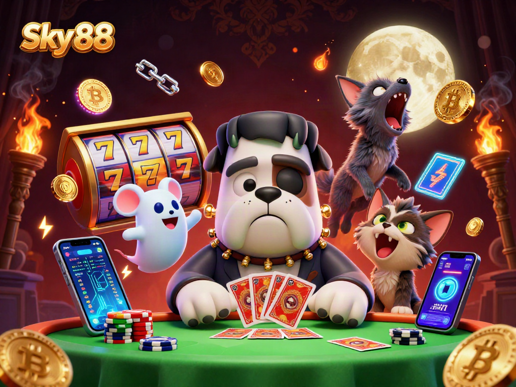 Engage in thrilling gameplay with Sky 88's vibrant 3D casino scene featuring a Frankenstein bulldog and friends.