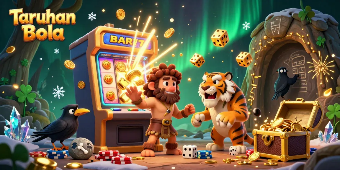 Engage in Taruhan Bola excitement with a vibrant prehistoric casino illustrated scene featuring characters and dynamic casino elements.