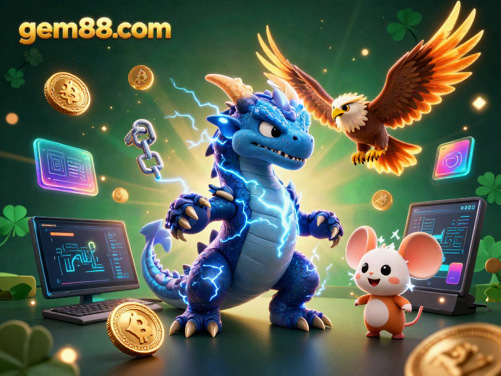 Experience exciting gaming at gem88com with powerful characters and dynamic elements in a vibrant scene.