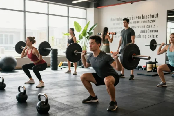 Akra Labs Steroid Shop - Trainingsszene mit Athleten in modernem Fitnessstudio, motivierender Atmosphäre.