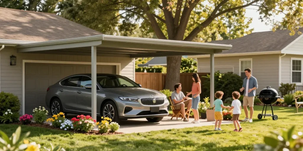Moderne Carport-Lösung für Autos mit glücklicher Familie im Garten.