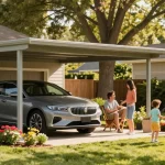Moderne Carport-Lösung für Autos mit glücklicher Familie im Garten.