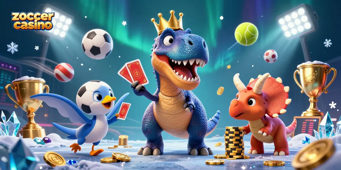 Zoccer casino showcases a playful 3D T-Rex shuffling cards with vivid sports elements around, highlighting gaming excitement.