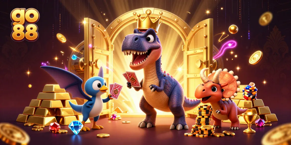 Engage in thrilling gameplay at go 88, featuring a fun dinosaur-themed casino scene with golden treasures.